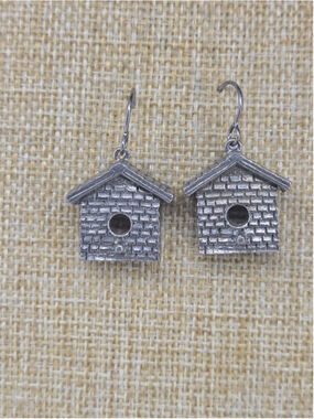 Vintage Jim Clift Signed Pewter Birdhouse Dangle Drop Earrings Fishhook Nature